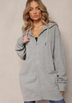 Szara Bluza Oversize z Kapturem i Zapięciem na Suwak Bilende
