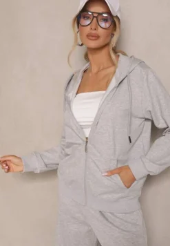 Szara Rozpinana Bluza z Bawełny z Kapturem Ozdobiona Sznurkami Telidwena