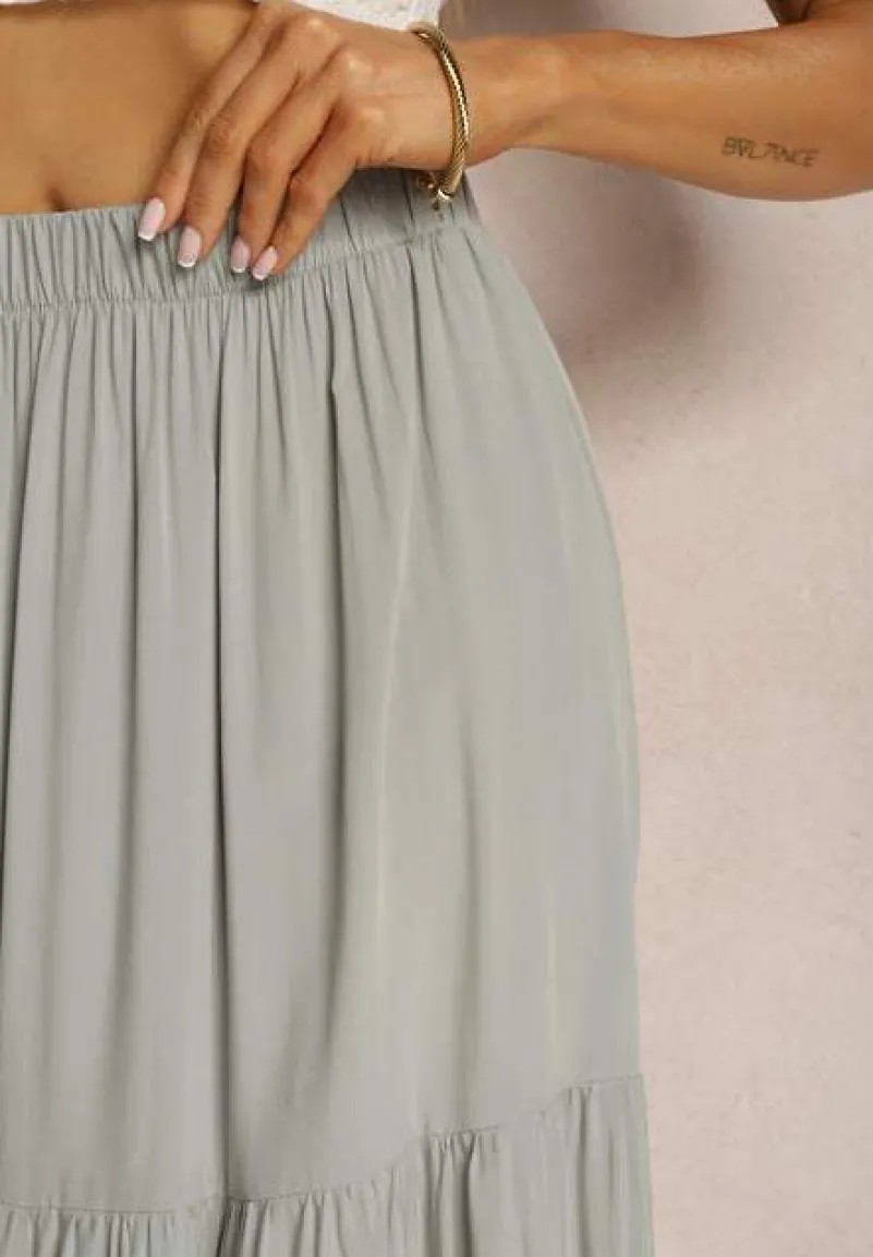 Szara Wiskozowa Spódnica High Waist z Gumką w Talii i Falbanką Christiara