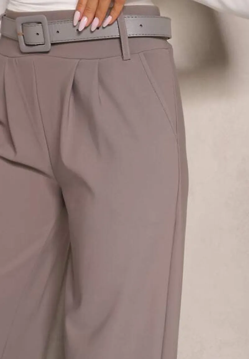 Szare Garniturowe Spodnie High Waist z Gumką i Dodatkowym Paskiem w Talii Mattine