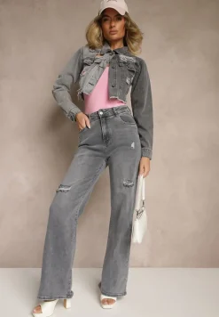 Szare Jeansy High Waist z Szeroką Nogawką Zdobione Przetarciami Liozina