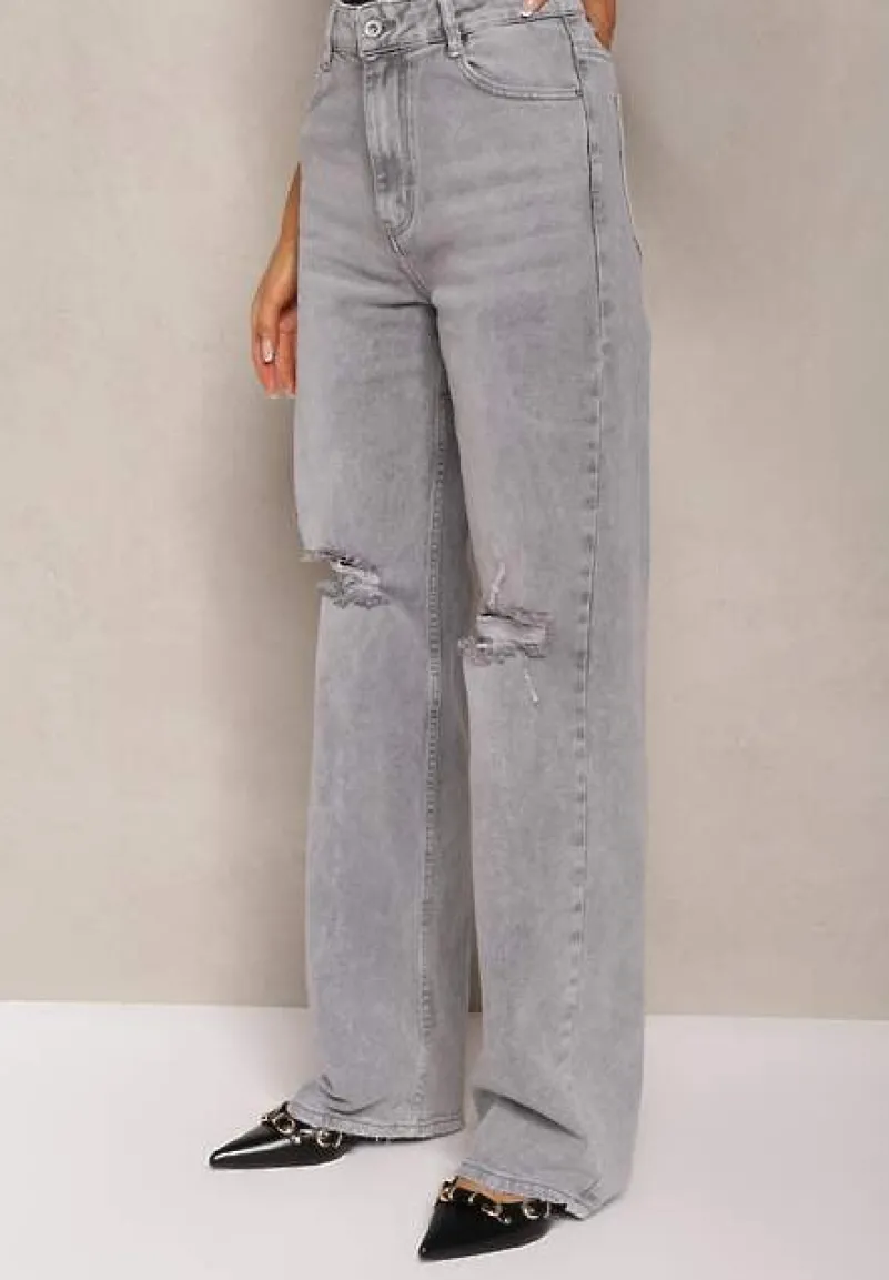 Szare Jeansy z Bawełny High Waist z Szerokimi Nogawkami i Dziurami Naviseo