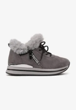 Szare Sneakersy na Płaskiej Podeszwie z Napisem i Futerkiem Taricea