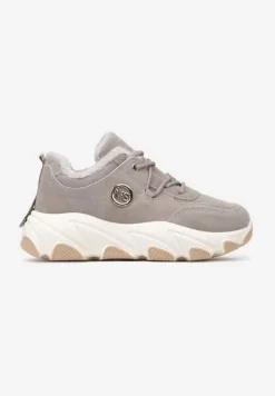 Szare Sneakersy na Platformie z Metaliczną Ozdobą i Geometrycznym Motywem Delasiel