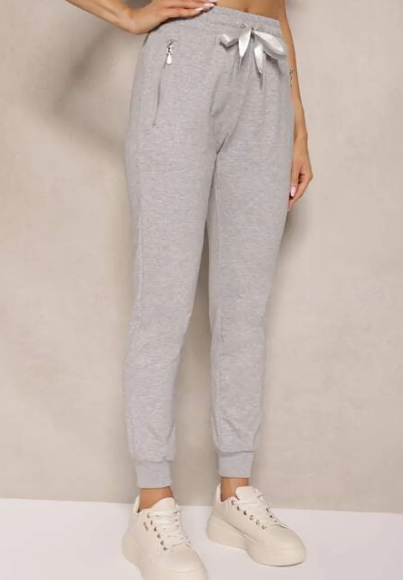 Szare Spodnie Dresowe z Bawełny o Kroju Jogger High Waist Cherisa