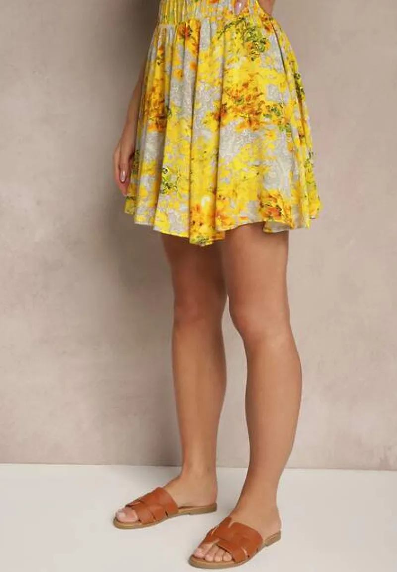 Żółte Spódnico-Szorty High Waist w Kwiaty Sunevra