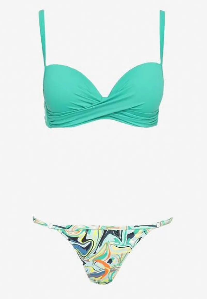 Zielone Bikini Biustonosz na Cienkich Ramiączkach z Regulacją i 2 Pary Majtek z Wiązaniem i Regulacją Pammarie
