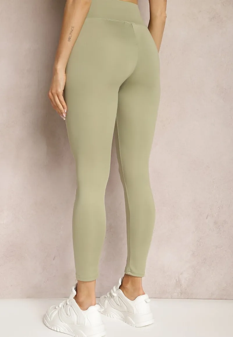 Zielone Legginsy High Waist z Gumką w Pasie Cloen