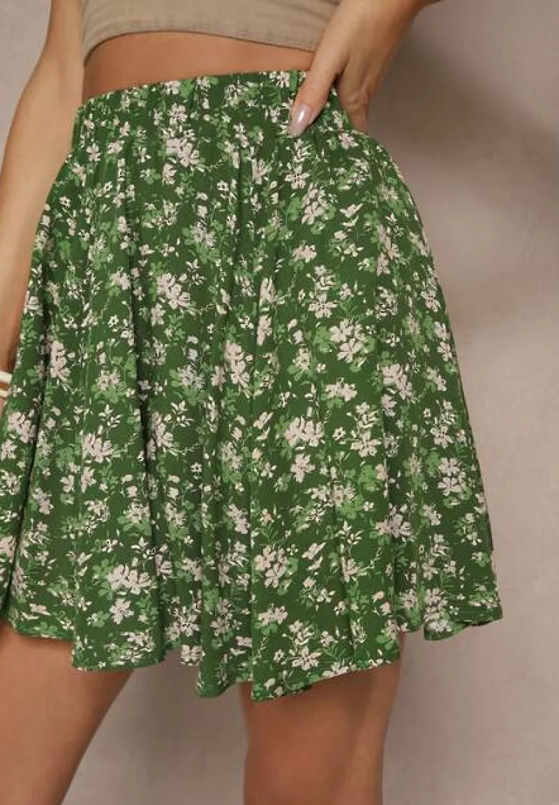Zielone Spódnico-Szorty High Waist w Kwiaty Sunevra