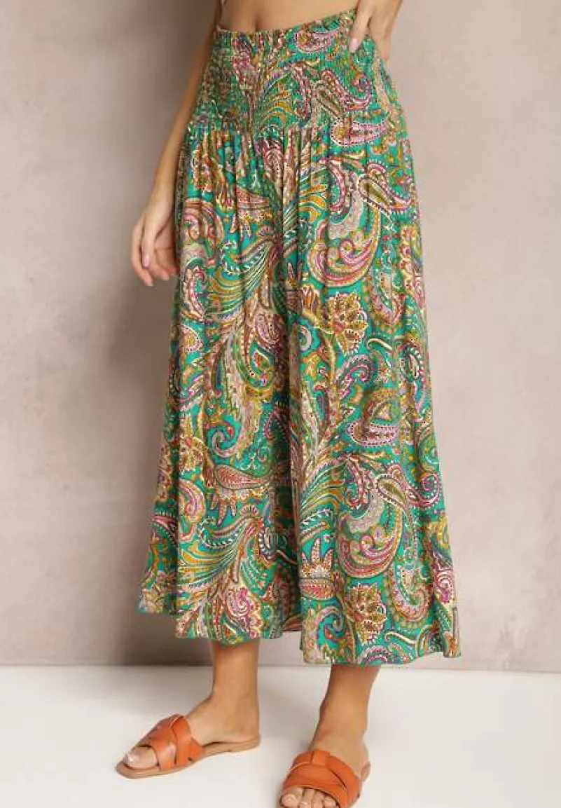 Zielone Spodnie Culottes z Bawełnianej Tkaniny Ozdobione Wzorem Paisley Gwinamas