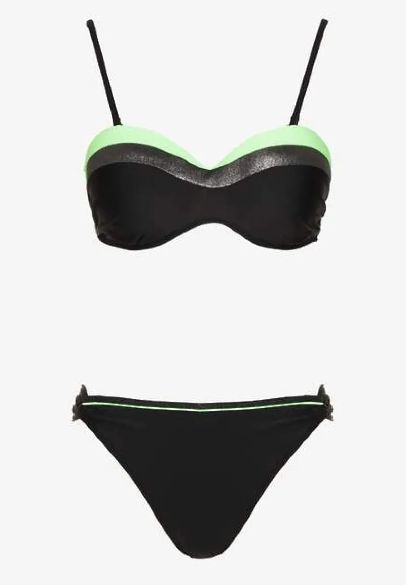 Zielono-Czarne Bikini z Metaliczną Nicią Usztywniany Biustonosz i Figi Mitelle