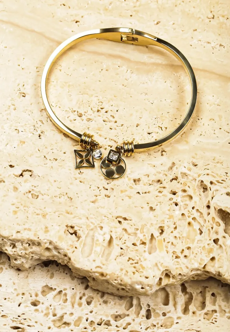 Złota Bransoletka Bangle z Cyrkoniami Geometrycznymi Aplikacjami Lunesse