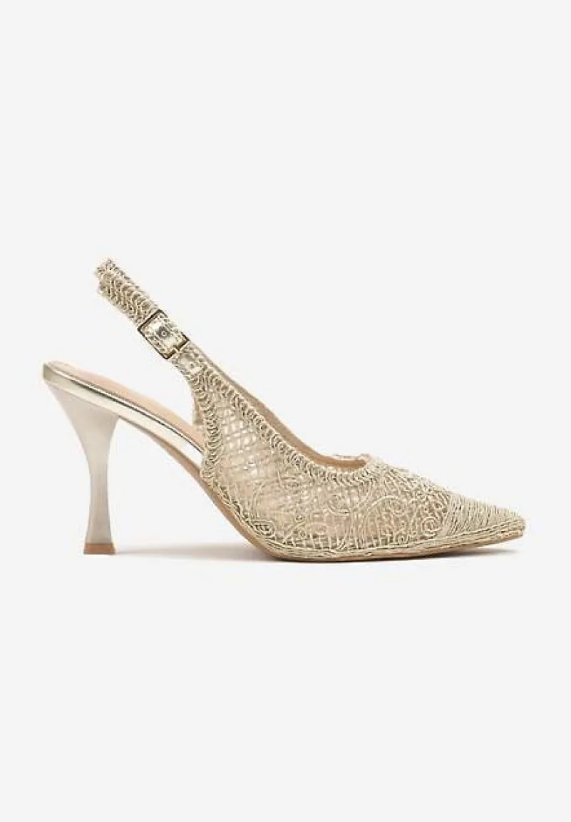 Złote Sandały na Szpilce Typu Slingback Ozdobione Siateczką Aranalia