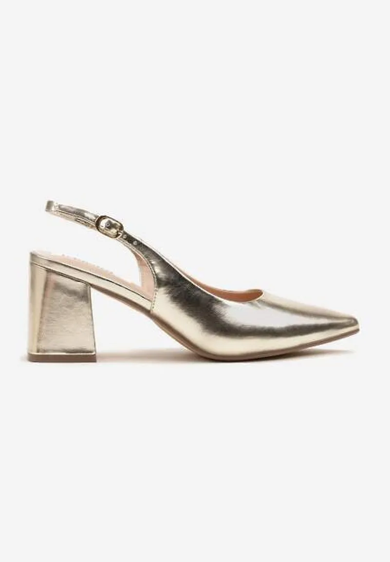 Złote Sandały Slingback na Słupkowym Obcasie Tenella