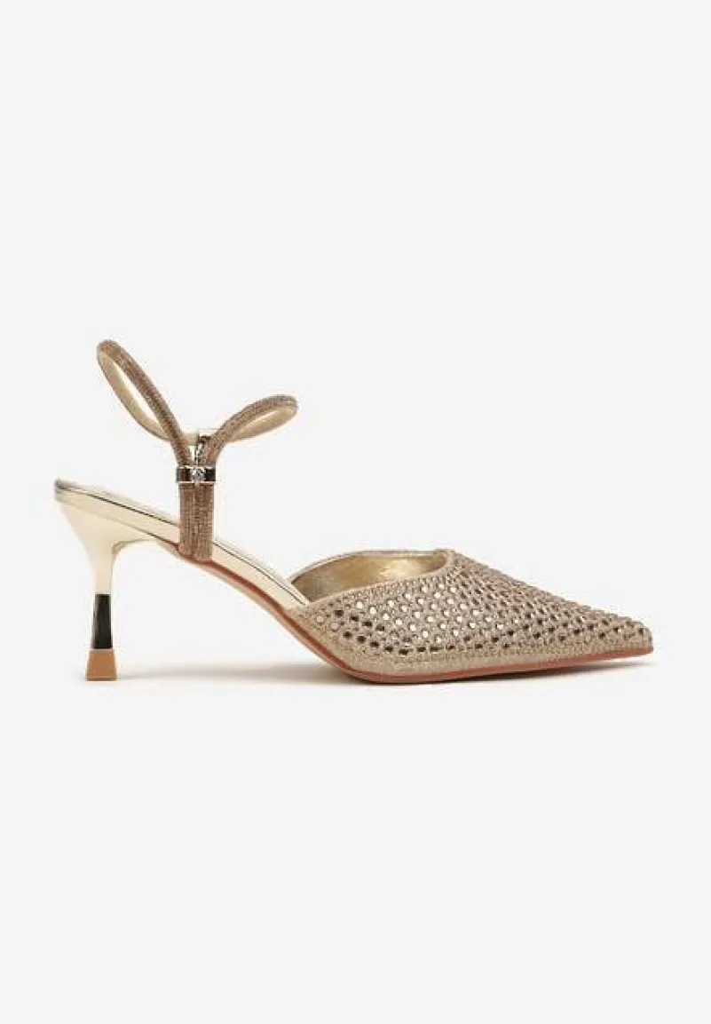 Złote Sandały Slingback na Szpilce ze Szpiczastym Noskiem z Cyrkoniami Dimena
