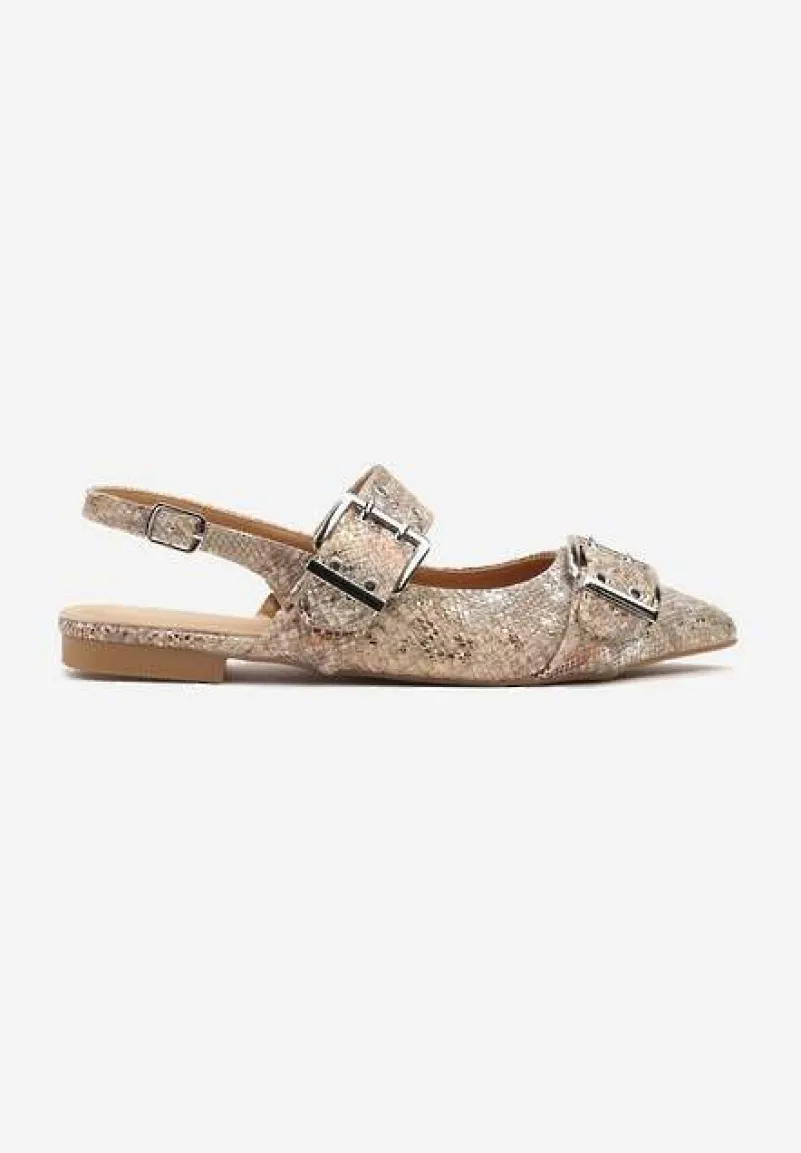 Złote Sandały Typu Slingback z Ozdobnymi Klamrami Tathelis