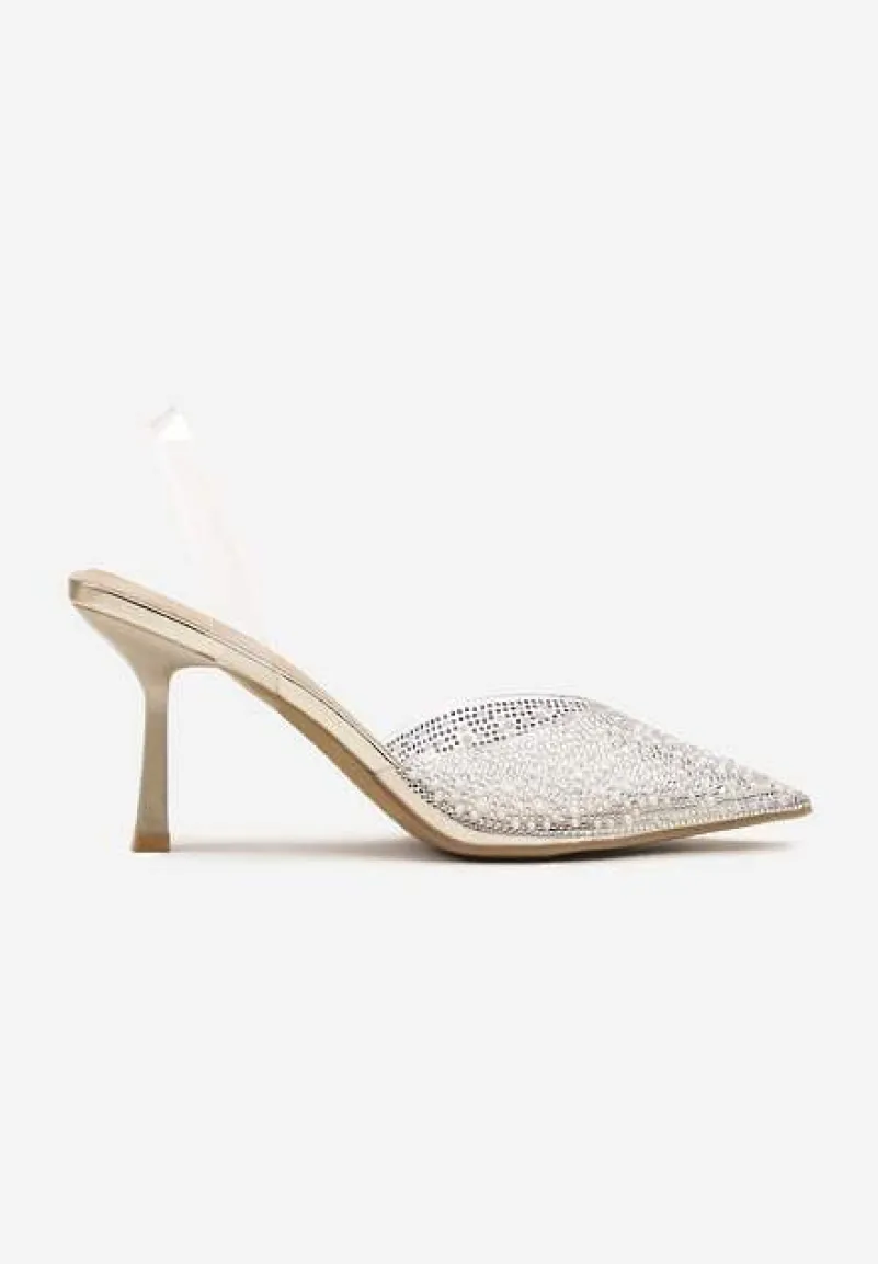 Złote Sandały Vices na Szpilce Slingback ze Skórzaną Wkładką i Cyrkoniami Ovifa