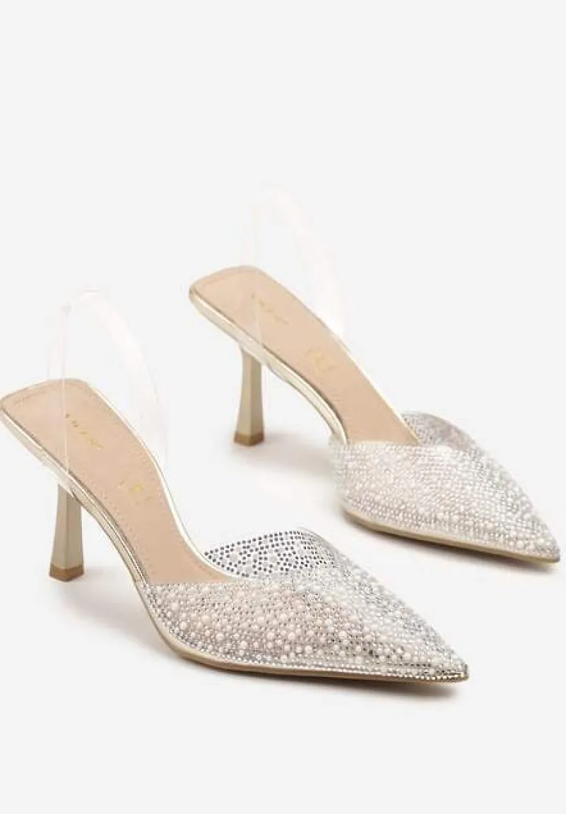 Złote Sandały Vices na Szpilce Slingback ze Skórzaną Wkładką i Cyrkoniami Ovifa