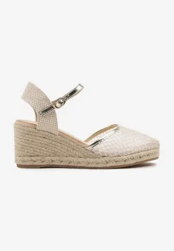 Złote Sandały w Stylu Espadryli z Plecionką i Siateczką Meranella