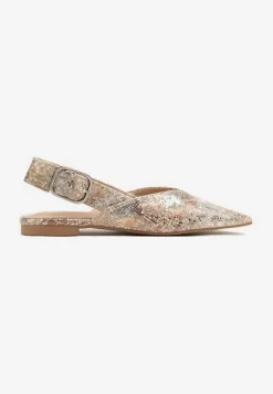Złote Wężowe Sandały Typu Slingback Ozdobione Klamrą Banelias