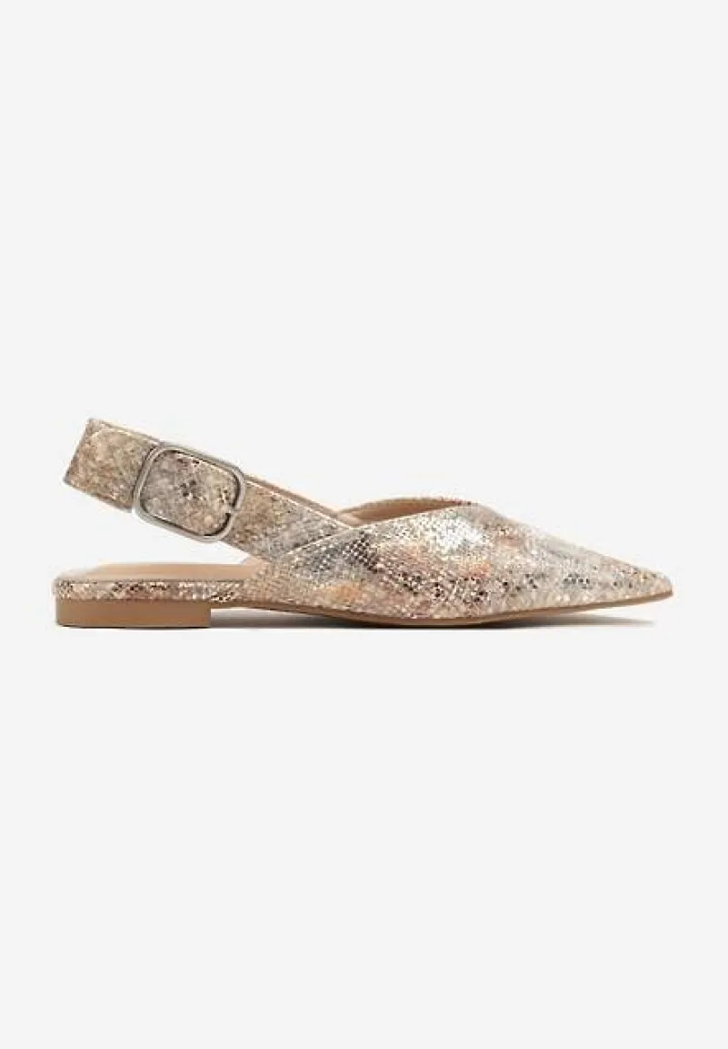Złote Wężowe Sandały Typu Slingback Ozdobione Klamrą Banelias